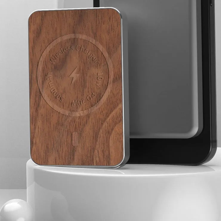 Khaki wireless charging bank with magnetic suction and 5000mAh battery capacity