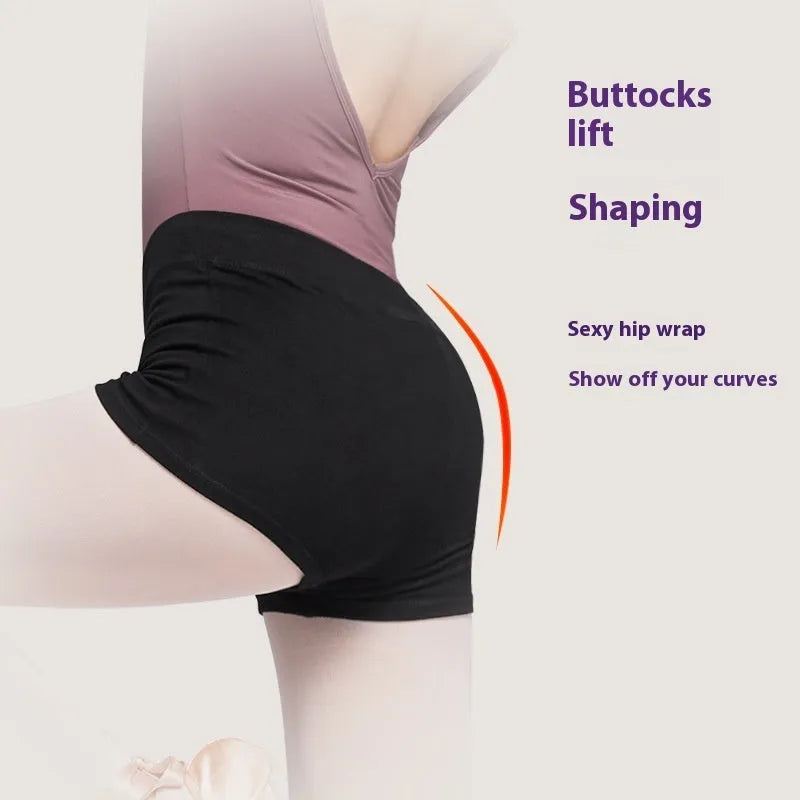 Black women's cotton dance shorts for ballet practice and fitness.