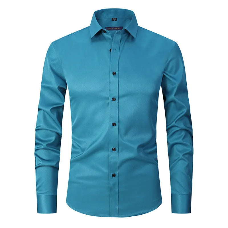 Men's long sleeve stretch work shirt in polyester fabric on a hanger