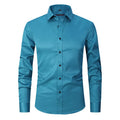Men's long sleeve stretch work shirt in polyester fabric on a hanger
