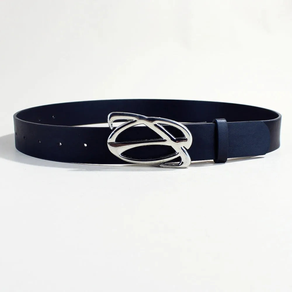 Men's silver buckle casual belt with PU leather strap and snap button closure