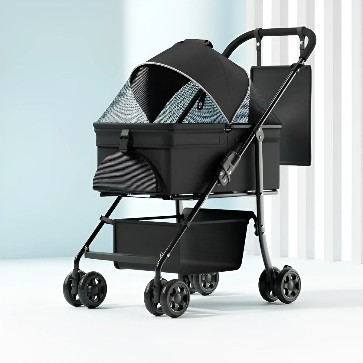 Black metal folding pet cart with detachable design and large capacity interior