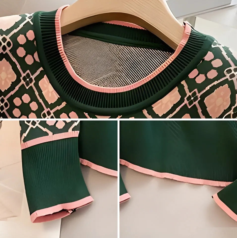 Green printed women's loose fit sweater with long sleeves and casual styling