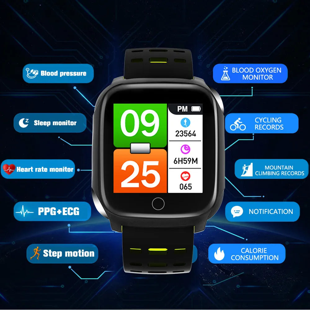 F16 smart watch with ECG function on wrist, showing black grey silicone band and 43mm IPS touchscreen display.