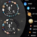 Two natural stone beaded zodiac bracelets on elastic cord, showing different astrological sign designs.