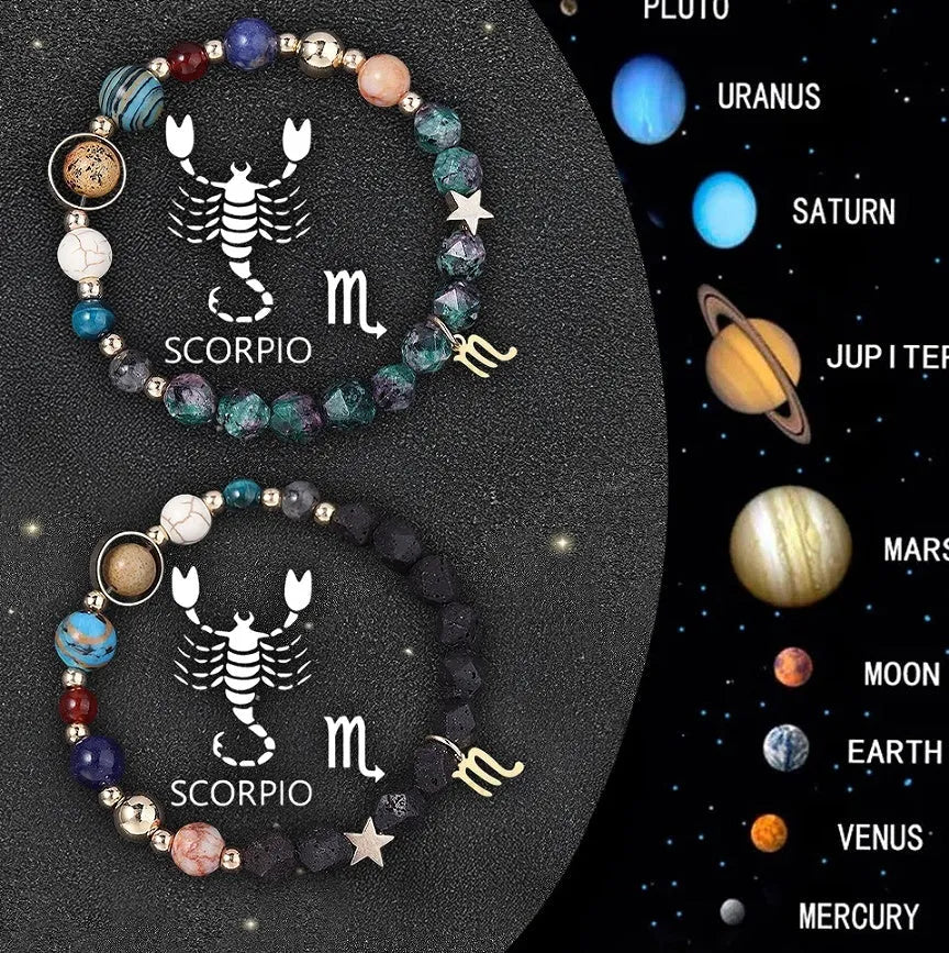 Two natural stone beaded zodiac bracelets on elastic cord, showing different astrological sign designs.