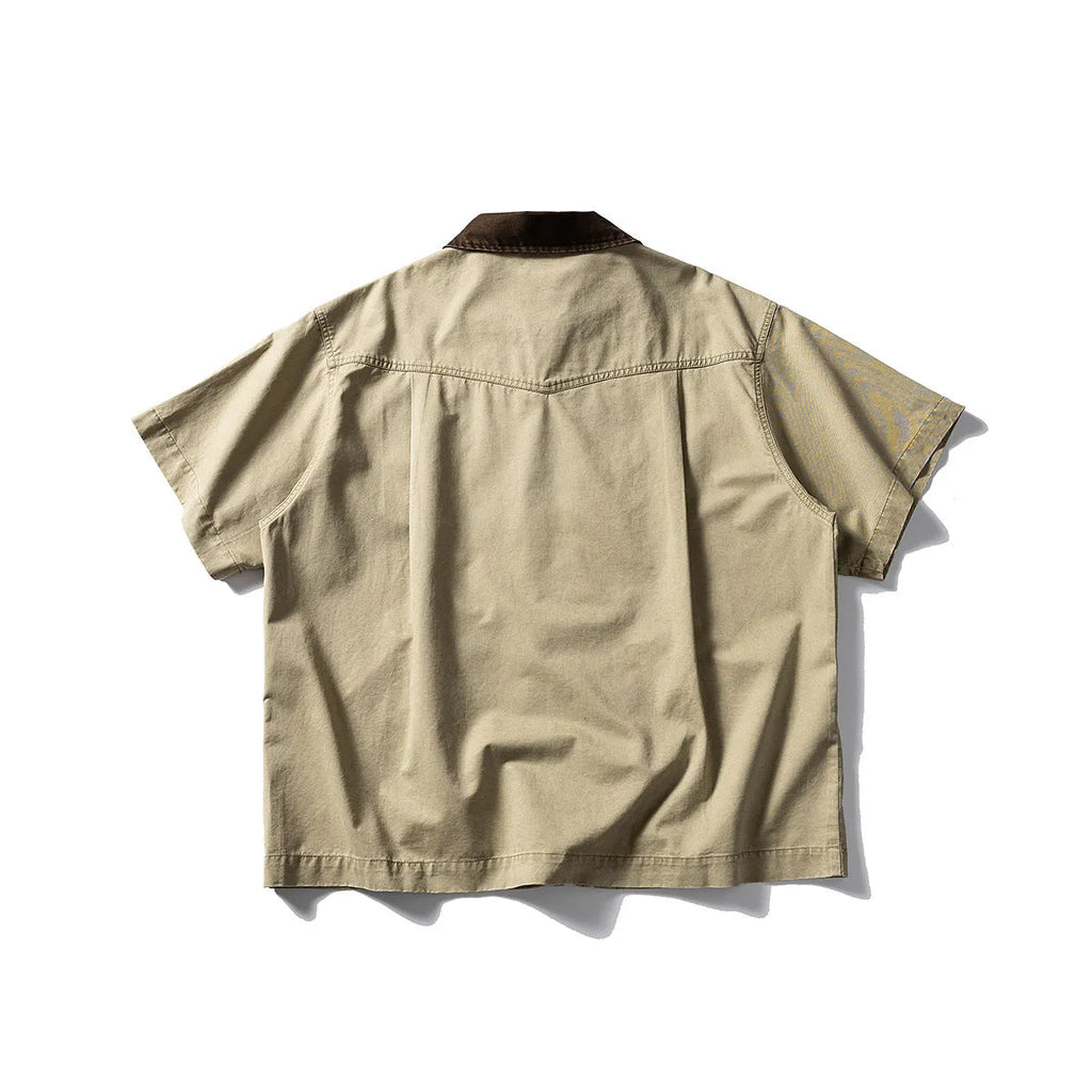 Short sleeve washed overalls shirt in loose fit cotton, khaki and grey colour options