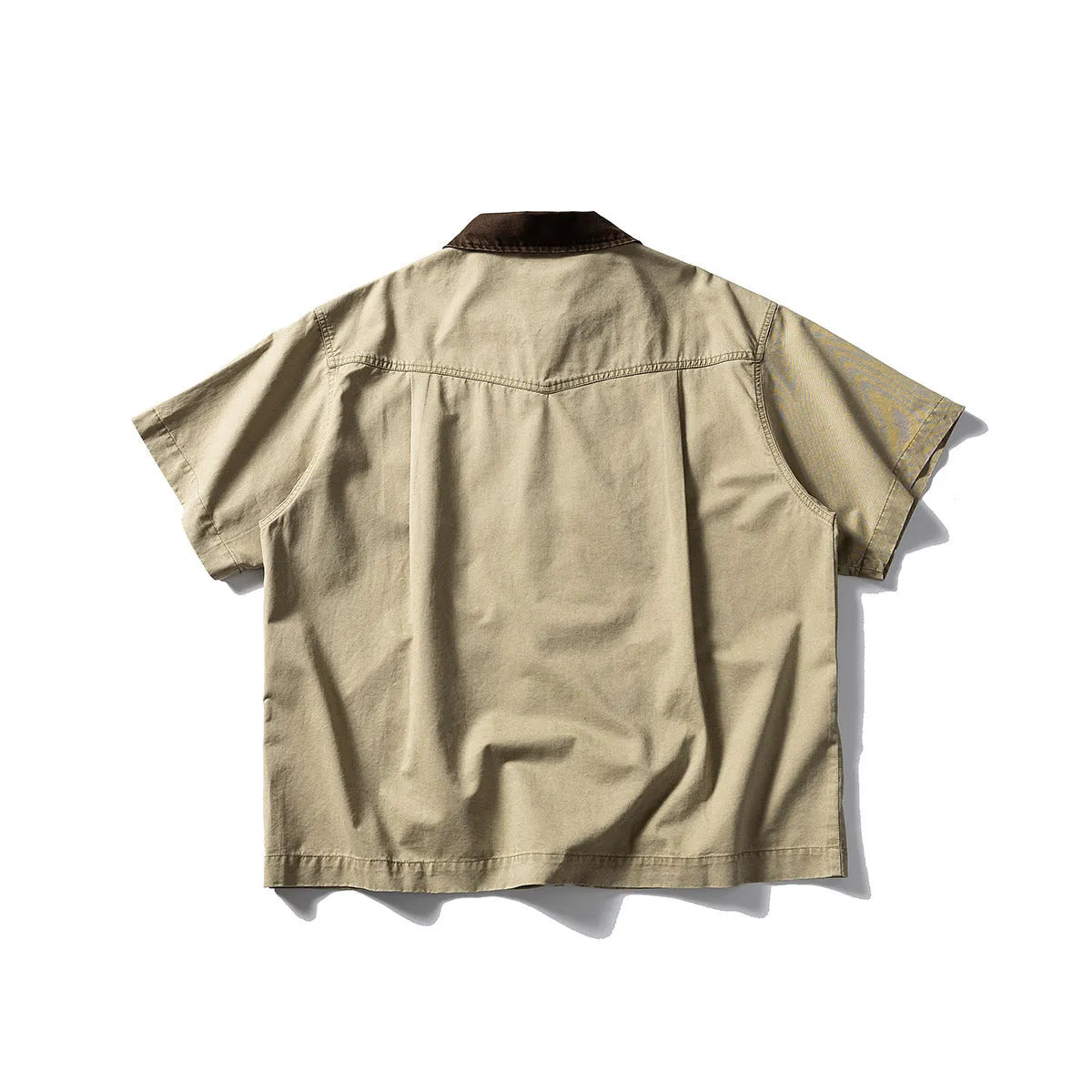 Short sleeve washed overalls shirt in loose fit cotton, khaki and grey colour options