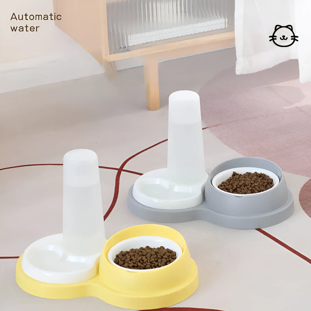 Grey and yellow dual pet bowl with raised neck protection and non-slip base