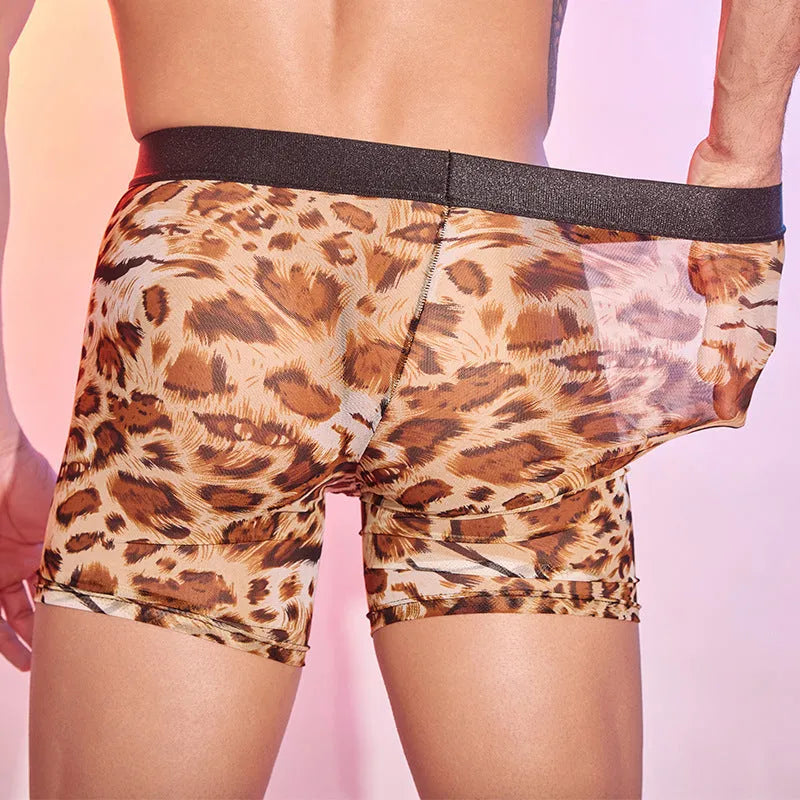 Men's leopard print boxer shorts showing full animal pattern design on nylon fabric