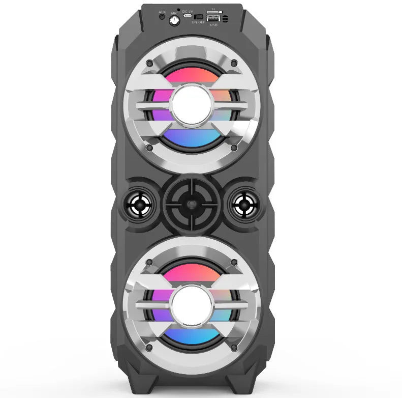 Portable Bluetooth speaker with pull rod, colourful lights, USB rechargeable, available in blue, red, and silver grey