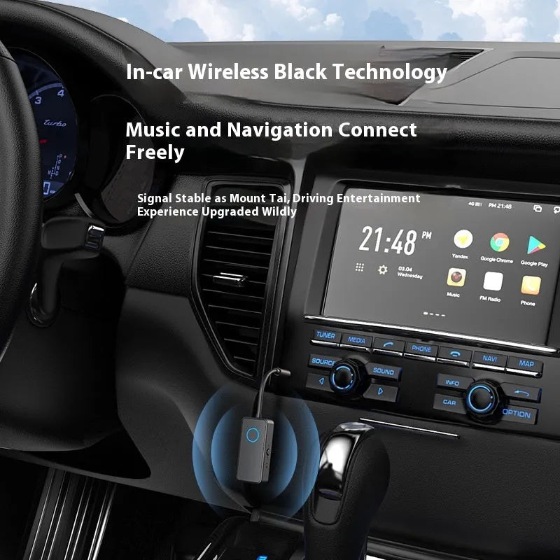 Black Bluetooth 5.4 audio adapter with a 3.5mm aux plug for wireless streaming to and from audio devices.