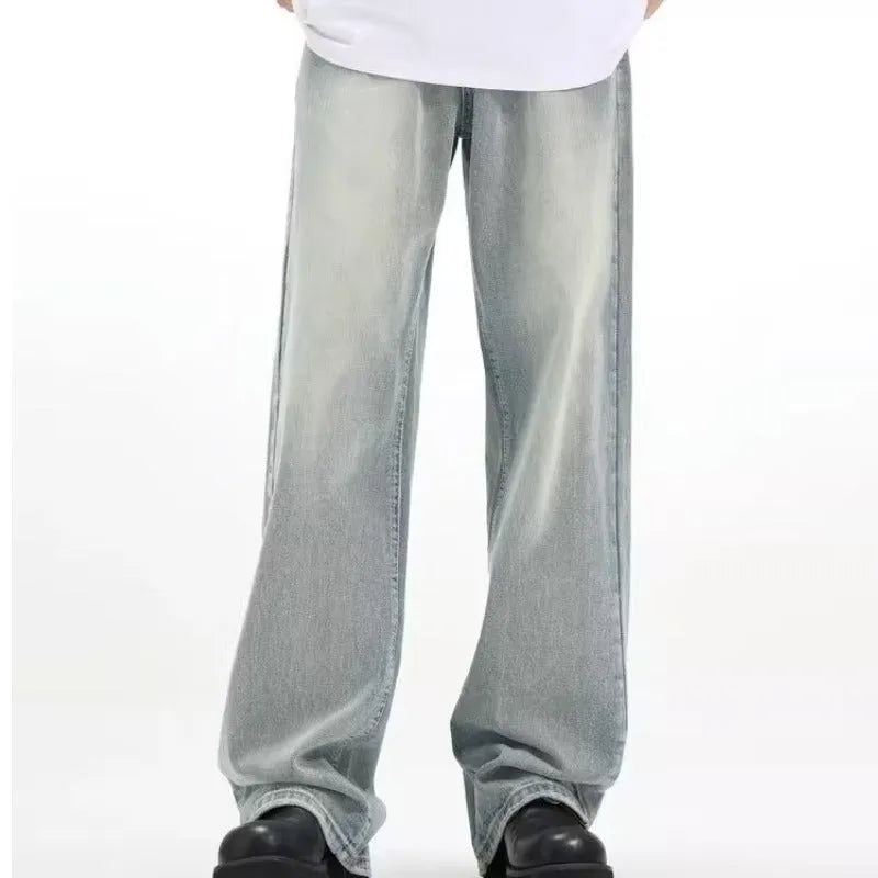 Blue retro trousers with rabbit fur fabric and loose fit design on hanger