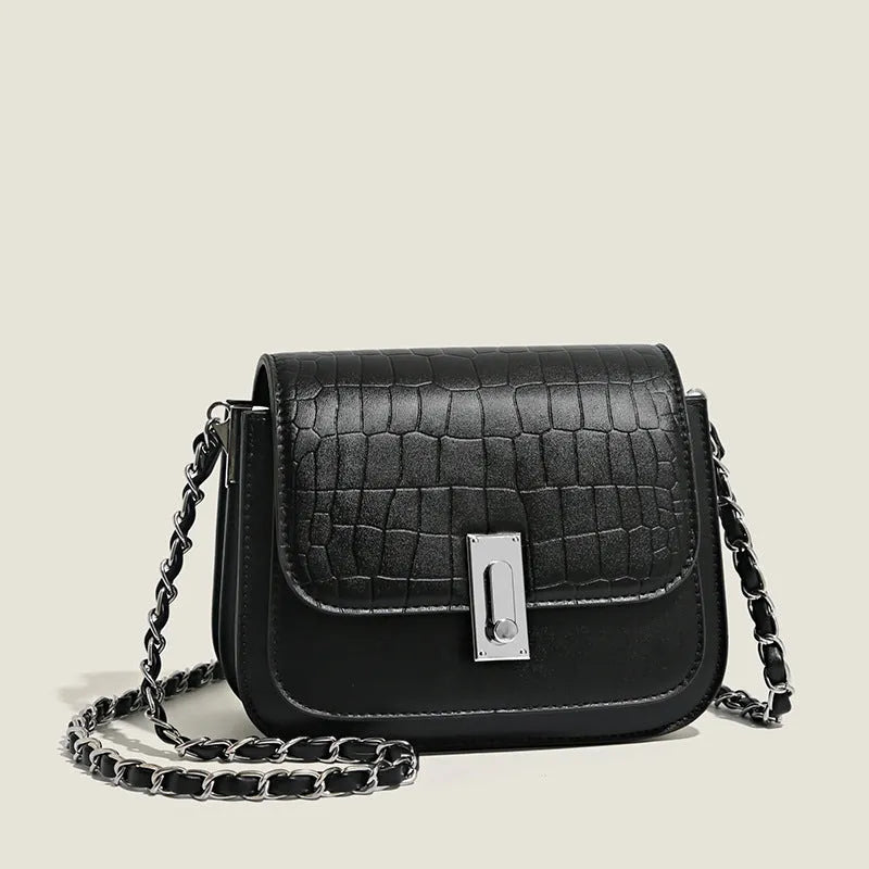 Soft PU women's shoulder bag with chain strap and horizontal square design in black colour