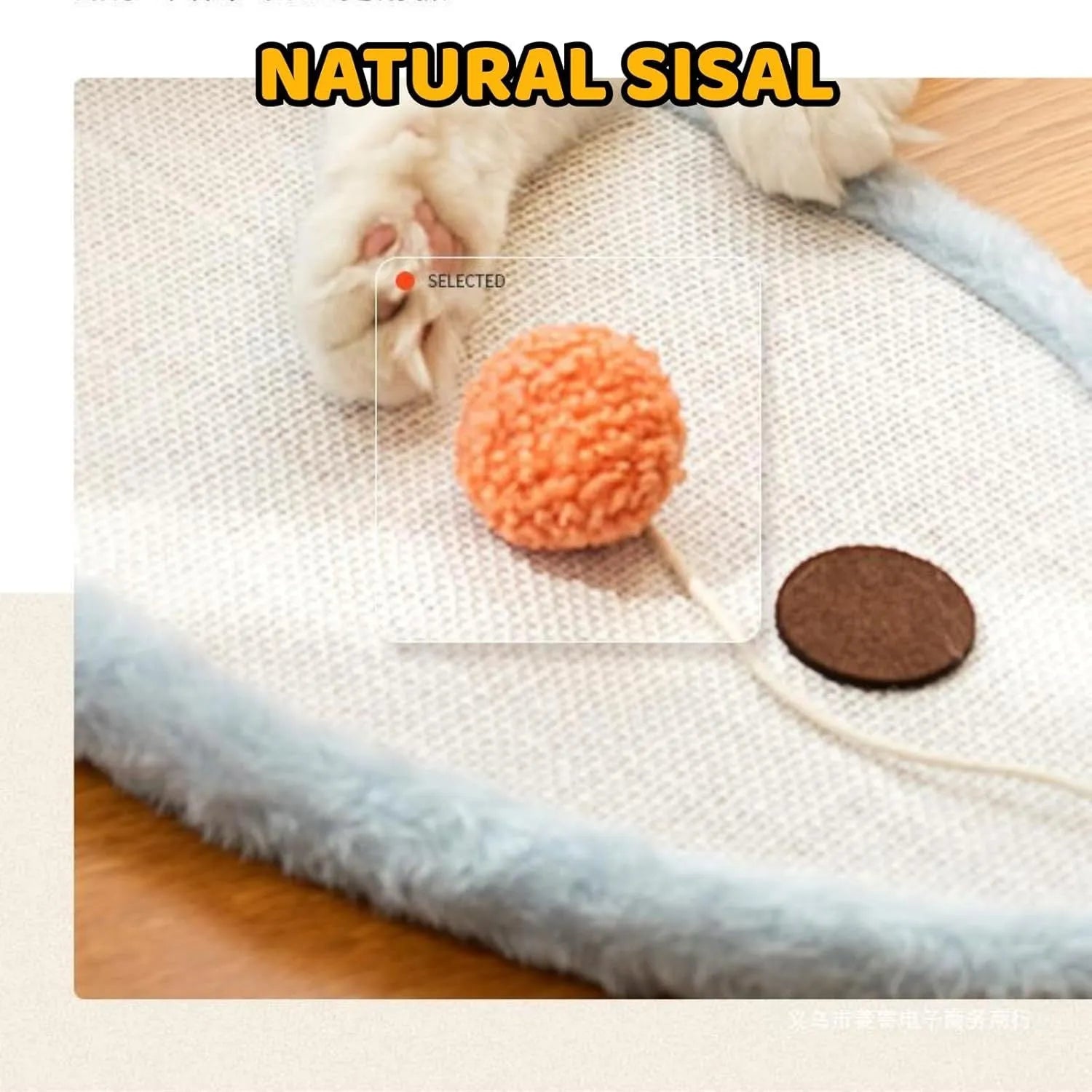 White sisal cat scratching mat with sleeping cat cartoon design mounted on a wall