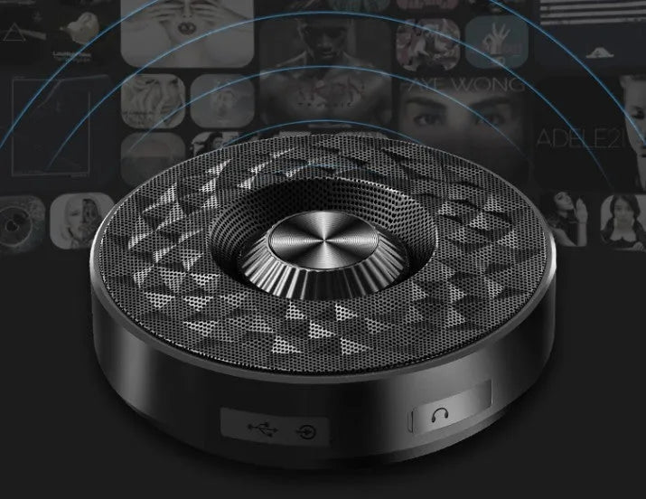 Wireless mini Bluetooth speaker showing three colour options: black, orange, and silvery white