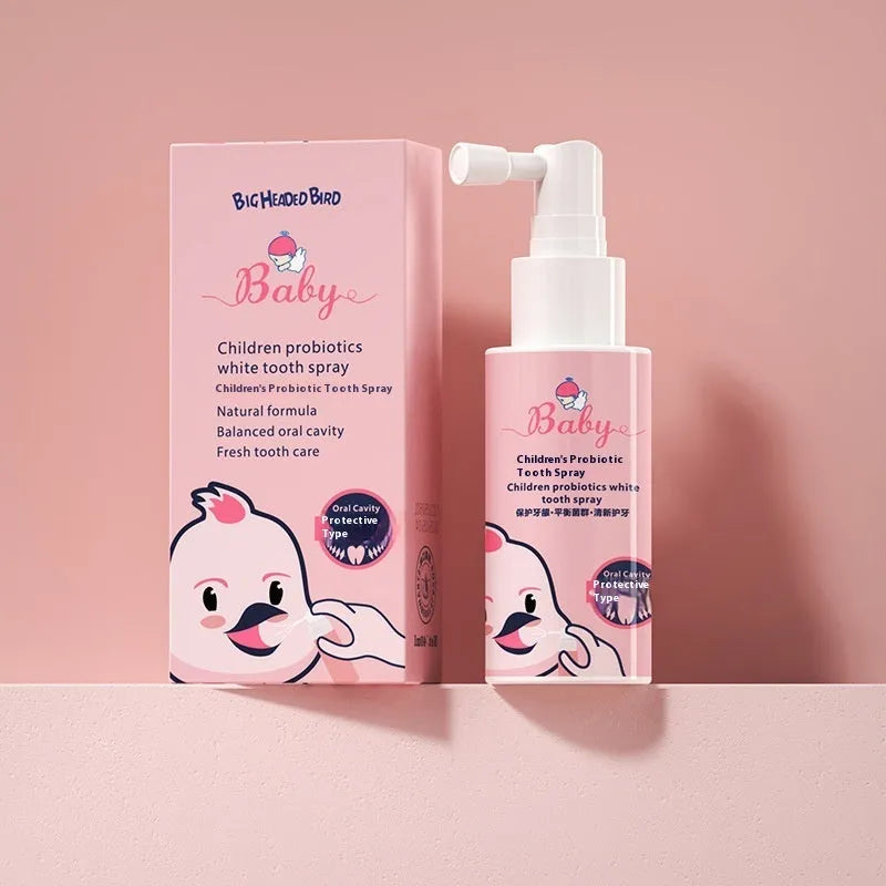 Children's probiotic teeth cleaning spray bottle in strawberry and orange flavours, 40ml anticavity oral care product