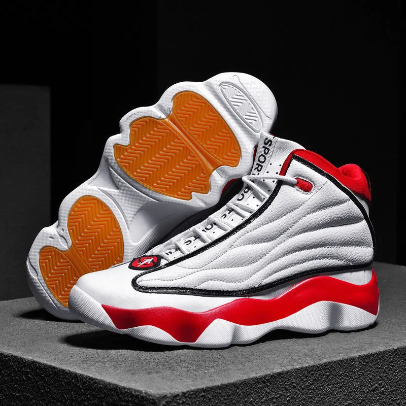 Men's high-top basketball sneakers in white and red with a mesh upper, thick rubber sole, and lace-up closure.