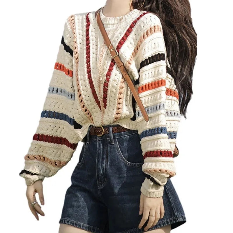 Rainbow striped hollow knit pullover sweater with batwing sleeves in loose casual style