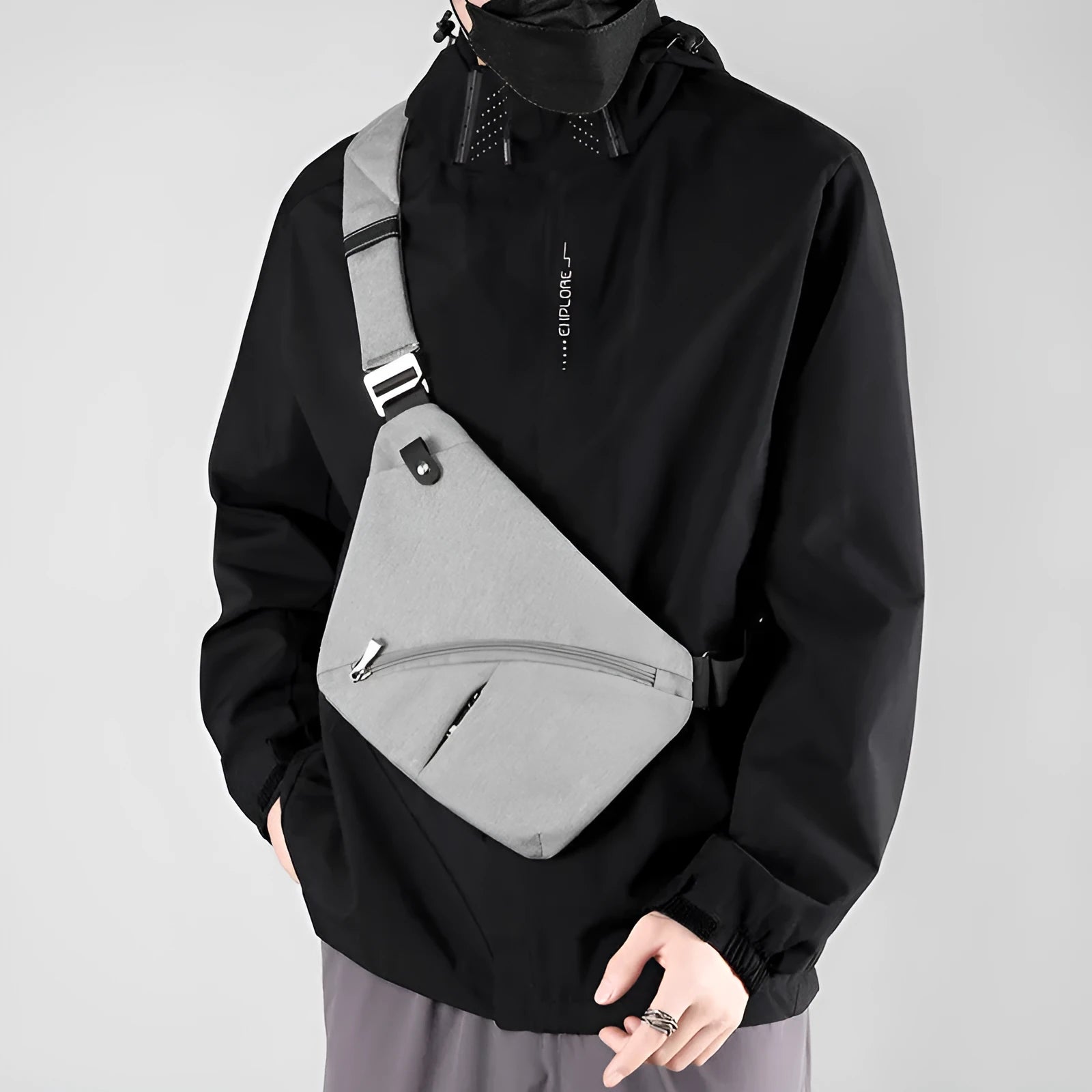Men's Oxford cloth chest bag in black or grey with left or right shoulder options