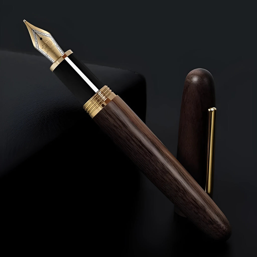Wooden fountain pen with rotating cap showing seven wood colour options and four nib configurations