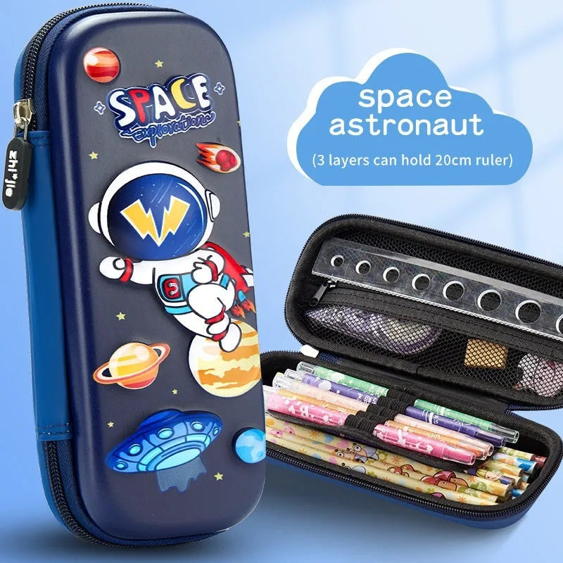 3D leather pencil case showing embossed astronaut and dinosaur design options.