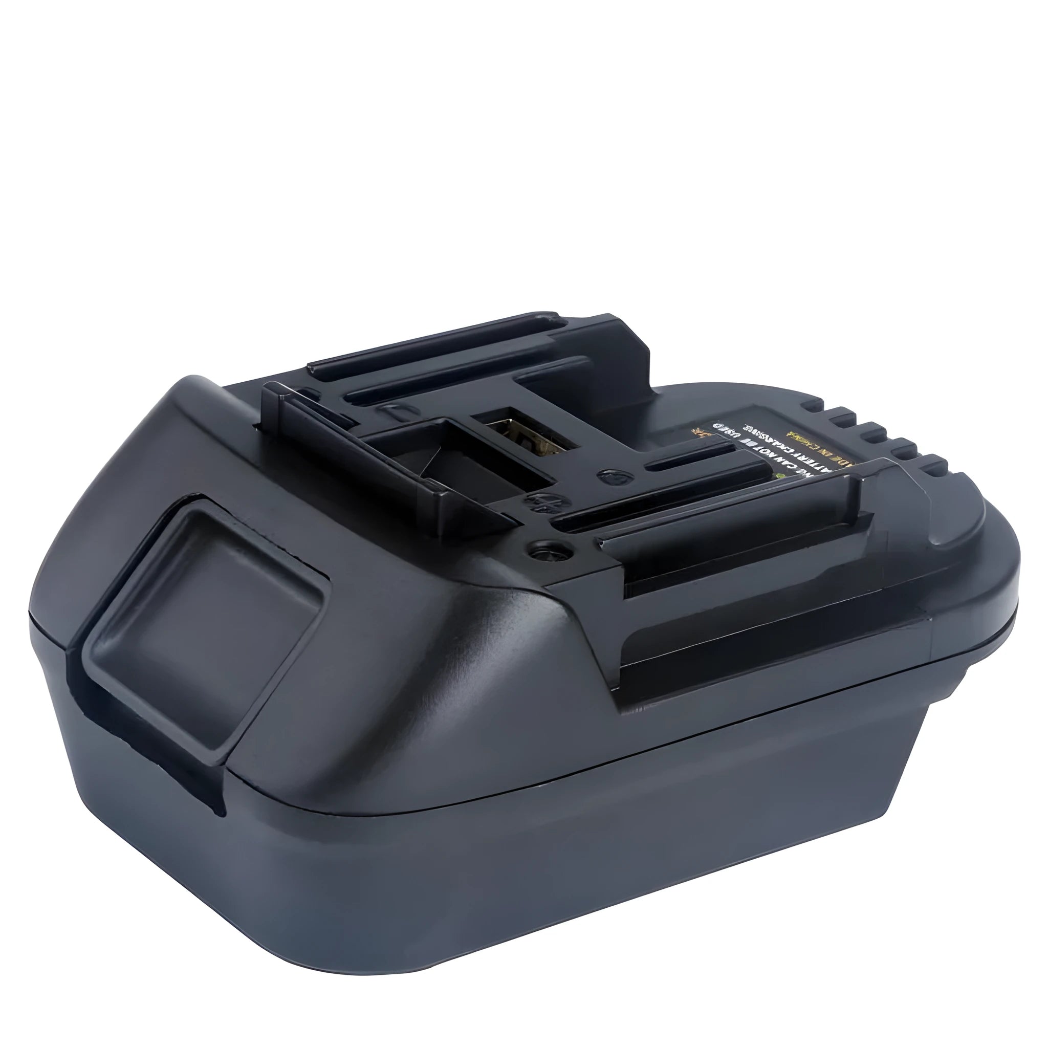 Black Milwaukee DM18M to Makita H99F battery adapter showing connection terminals