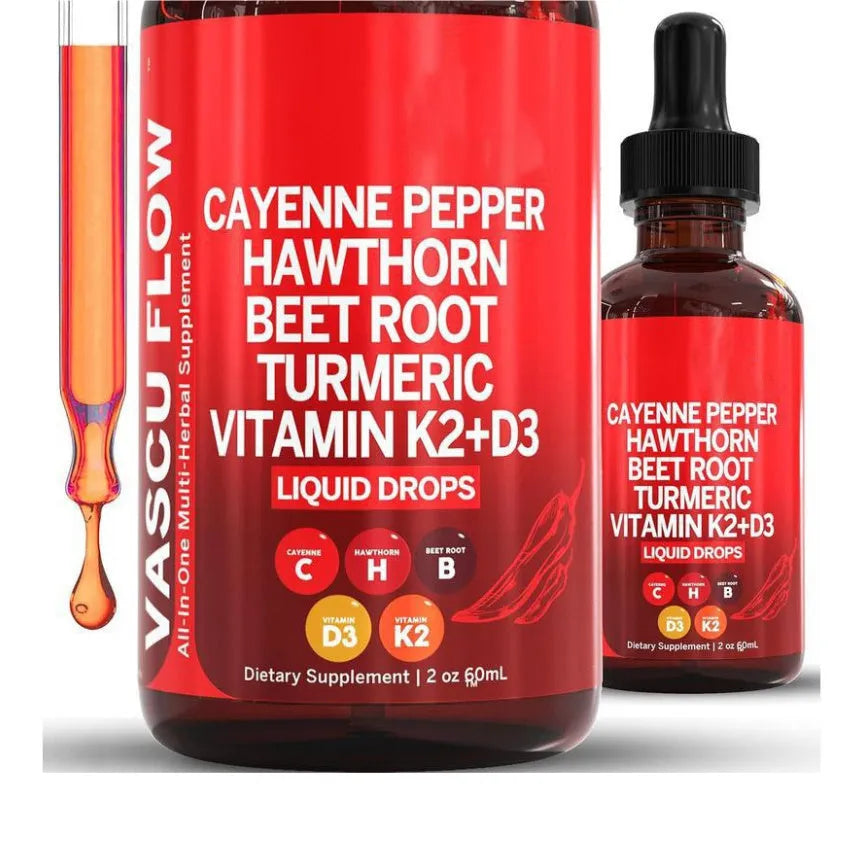 60ml glass bottle of vitamin D3 K2 hawthorn fruit liquid supplement drops with a dropper cap.