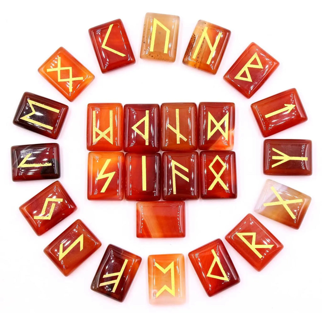 Square crystal rune ornament with THALO lettering and Luen symbol, available in Tigereye and red agate