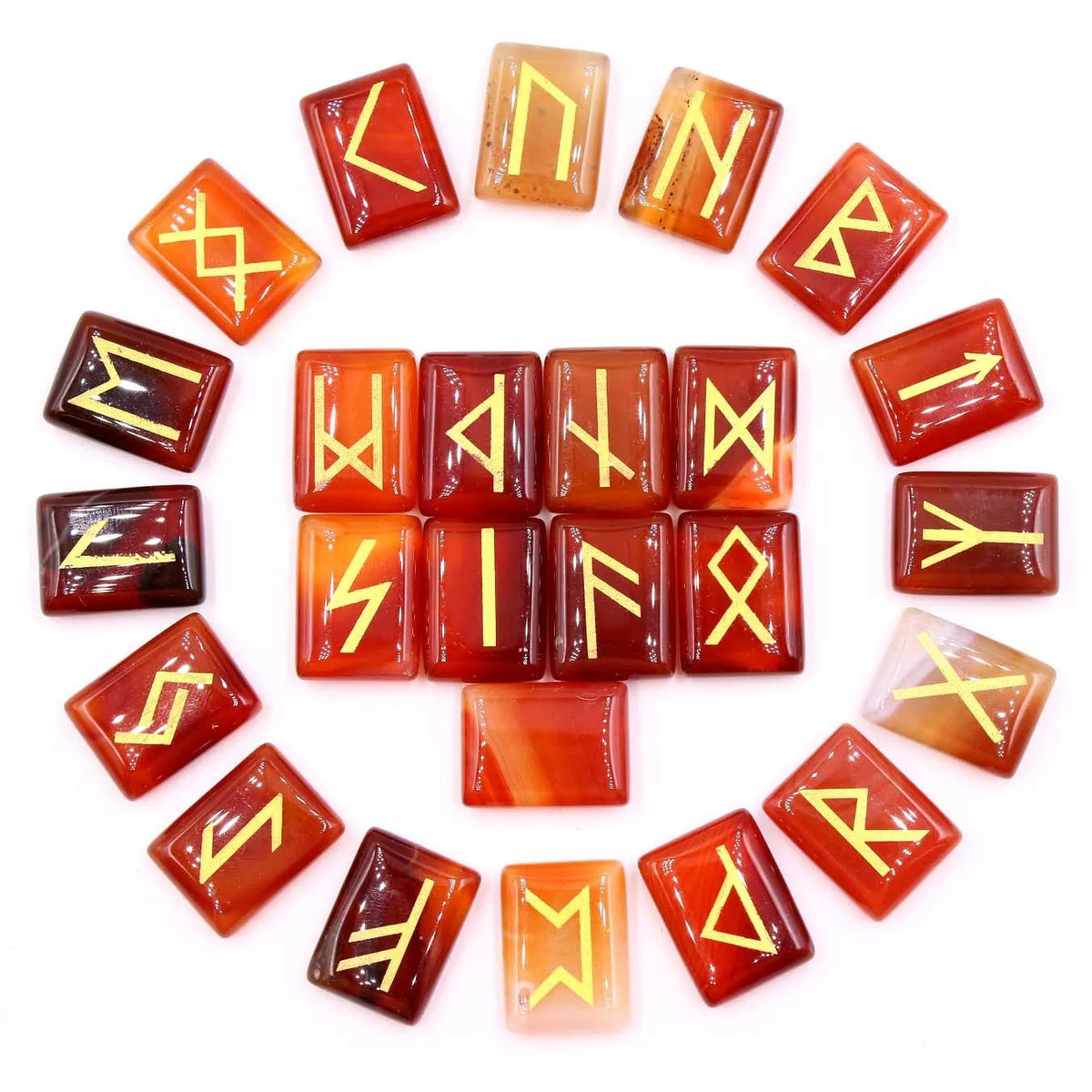 Square crystal rune ornament with THALO lettering and Luen symbol, available in Tigereye and red agate