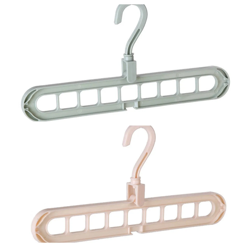 Plastic clothes hanger with storage hook and rotating handle in available colours