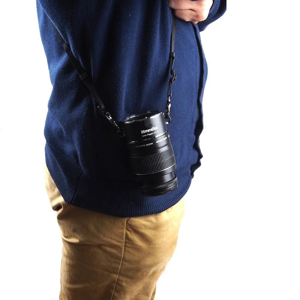 Camera lens flipper holder for Canon Nikon Sony E-Mount with aluminium body and shoulder strap