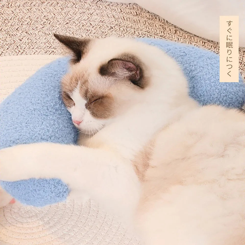 Blue U-shaped cat pillow with integrated adjustable collar for feline cervical support