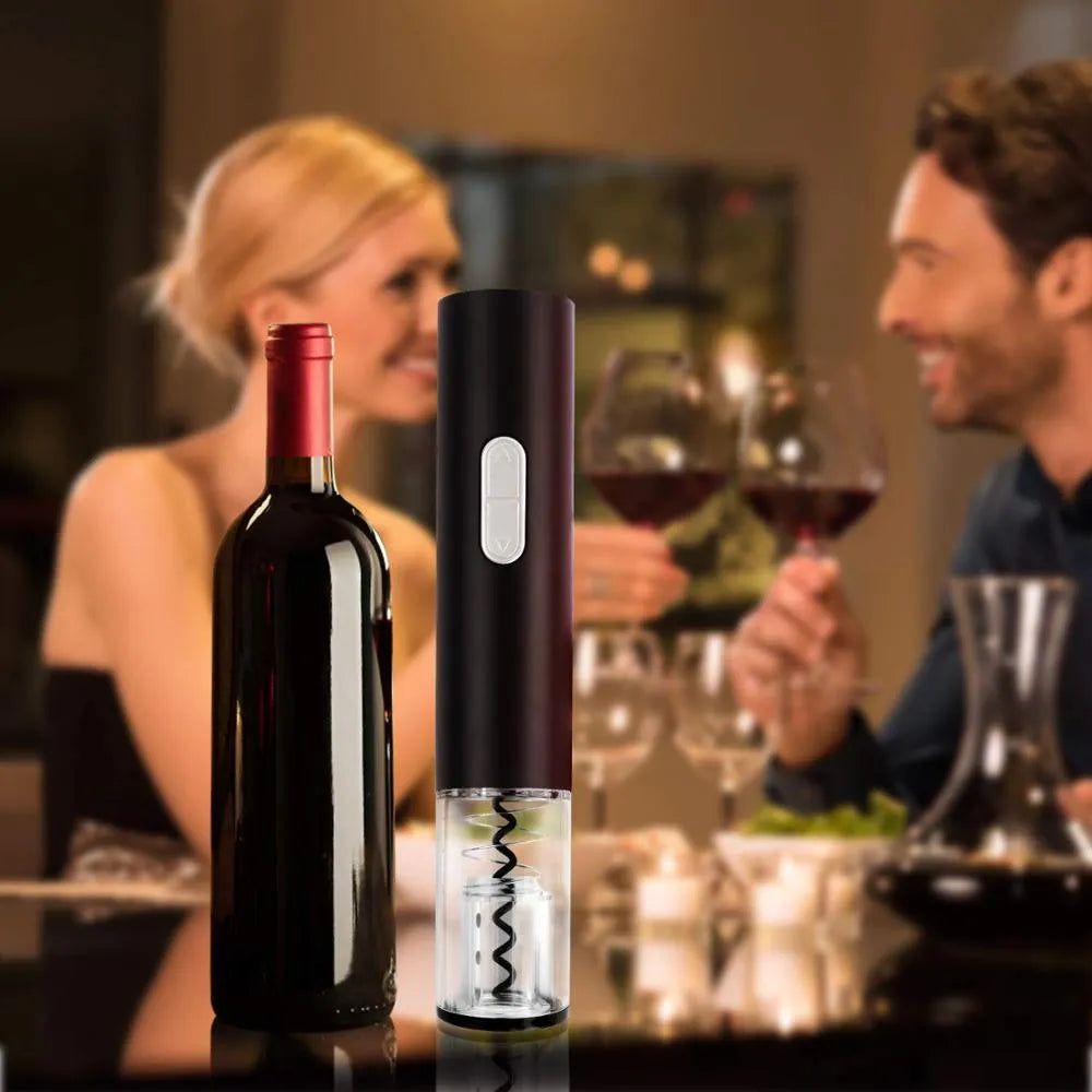 Black electric wine bottle opener with automatic corkscrew mechanism and integrated foil cutter