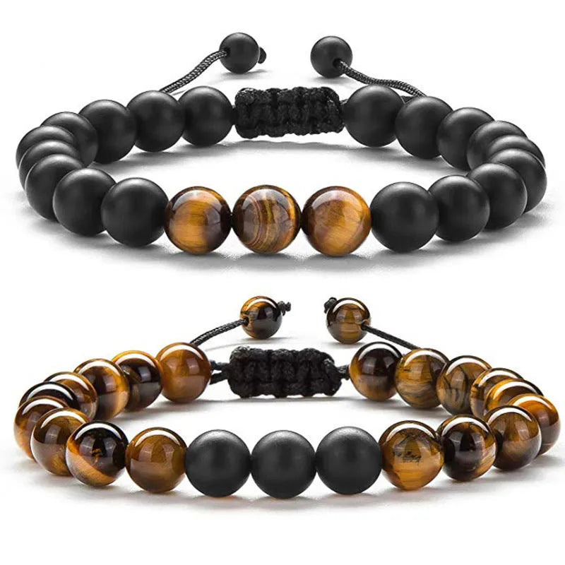 Tiger eye and matte black agate geometric couple bracelets with multiple style options