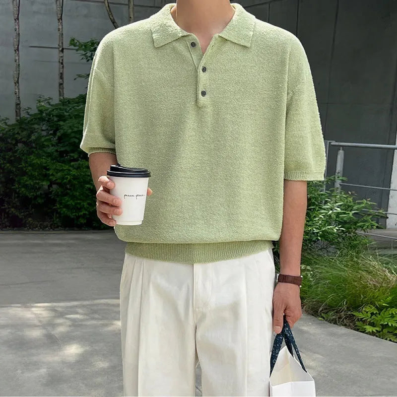 Men's caramel retro knitted polo shirt with asymmetric design and short sleeves on hanger