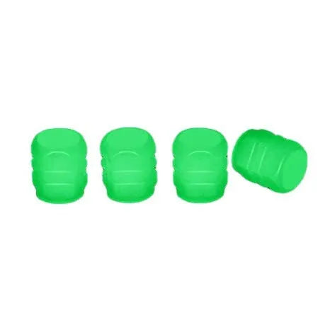Luminous rubber tyre valve caps with a split design shown in light green, blue, red, yellow, and pink colours.