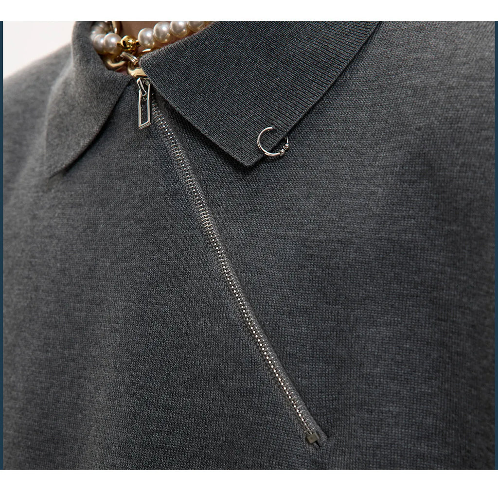 Men's ice-cooling slim-fit polo shirt with oblique zipper detail in black colour