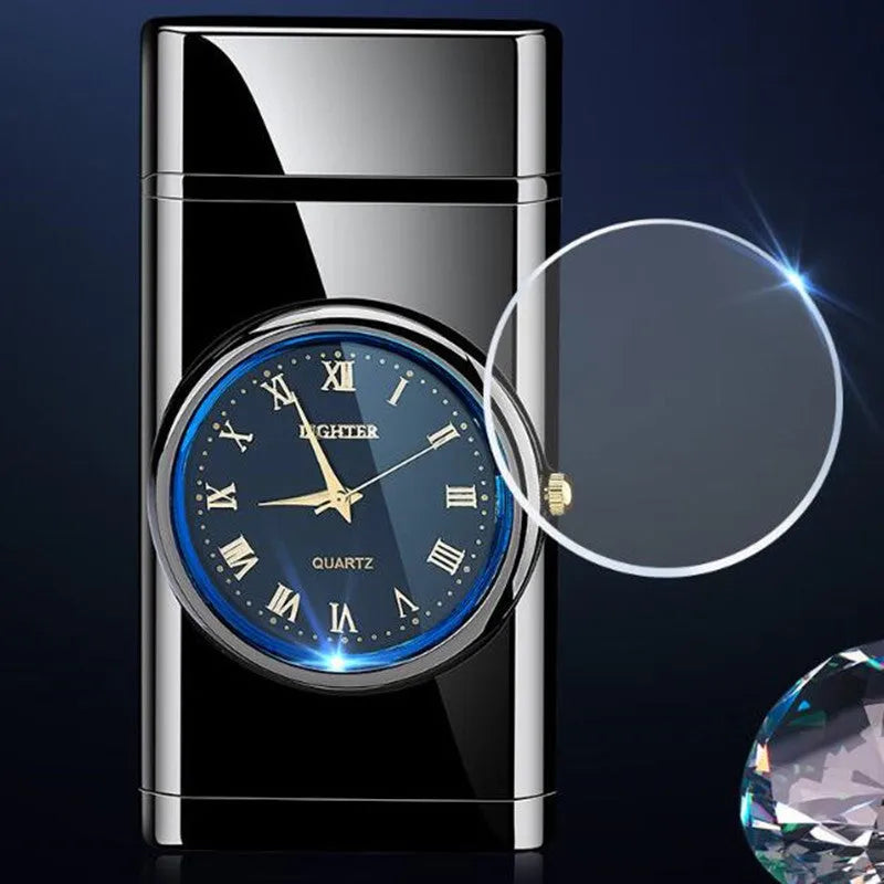 Metal electronic watch cigarette lighter with LED flashing lamp in black brushed finish
