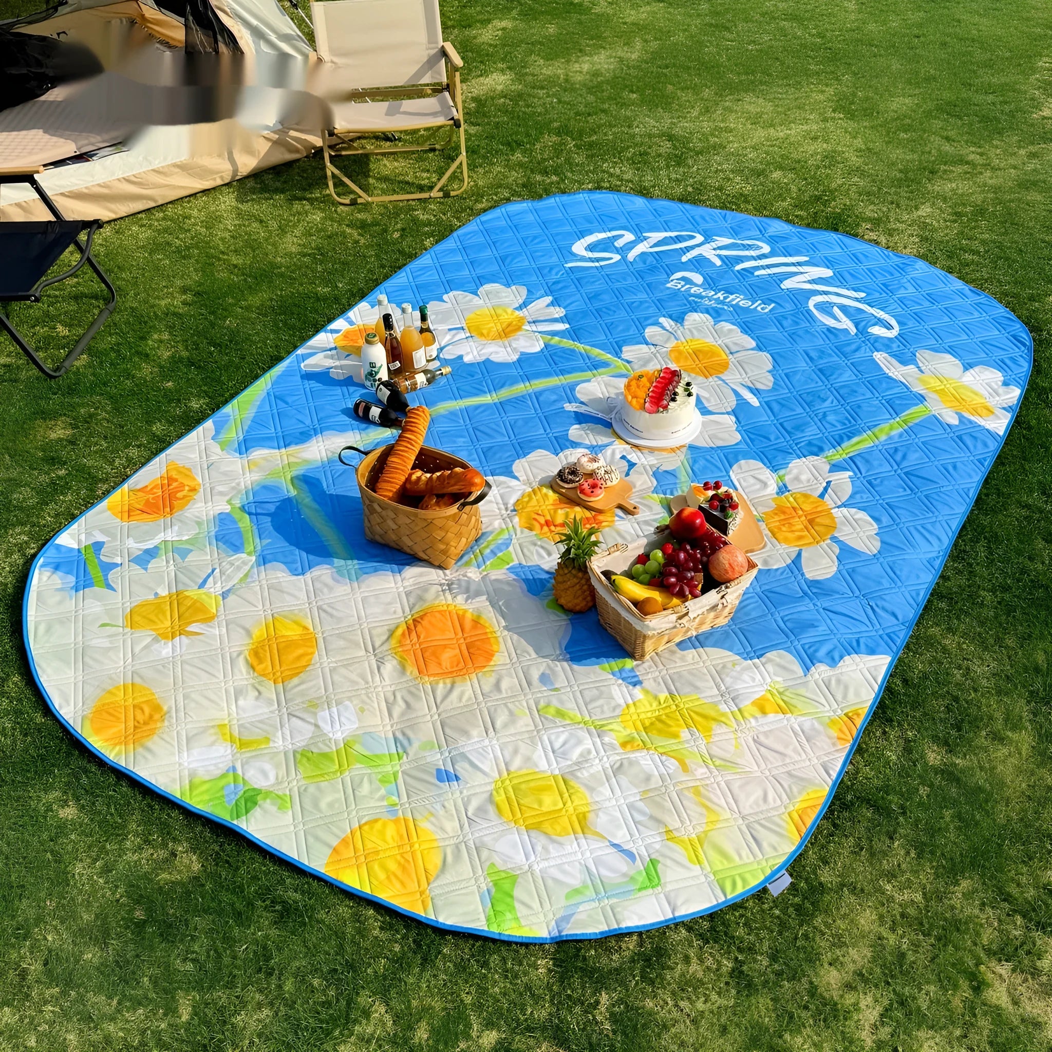 Waterproof ultrasonic thickening picnic mat in Four Seasons colours showing textured brushed fabric surface