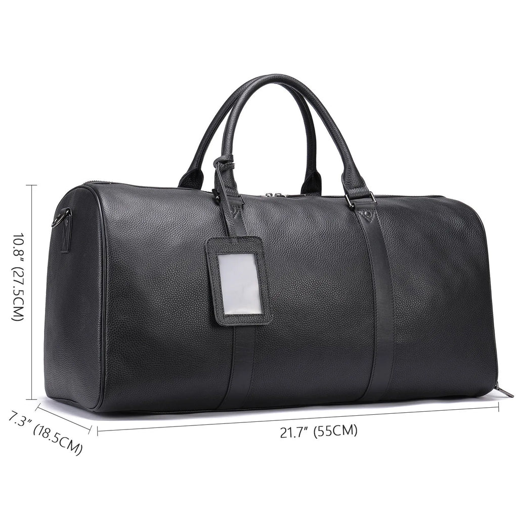 Men's black leather excursion bag with single strap, shown next to coffee colour version