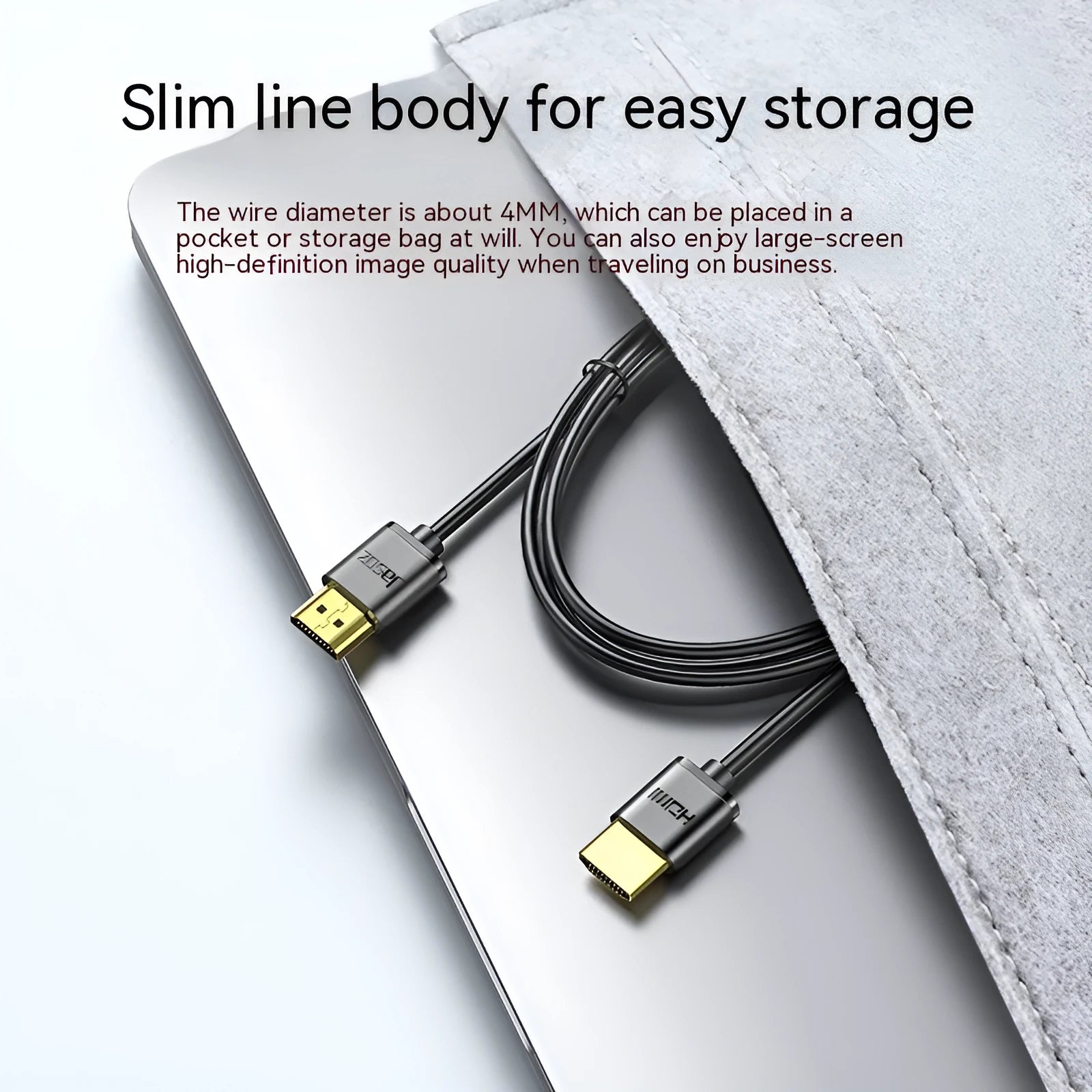 HDMI cable with gold-plated connectors and thin flexible black wire