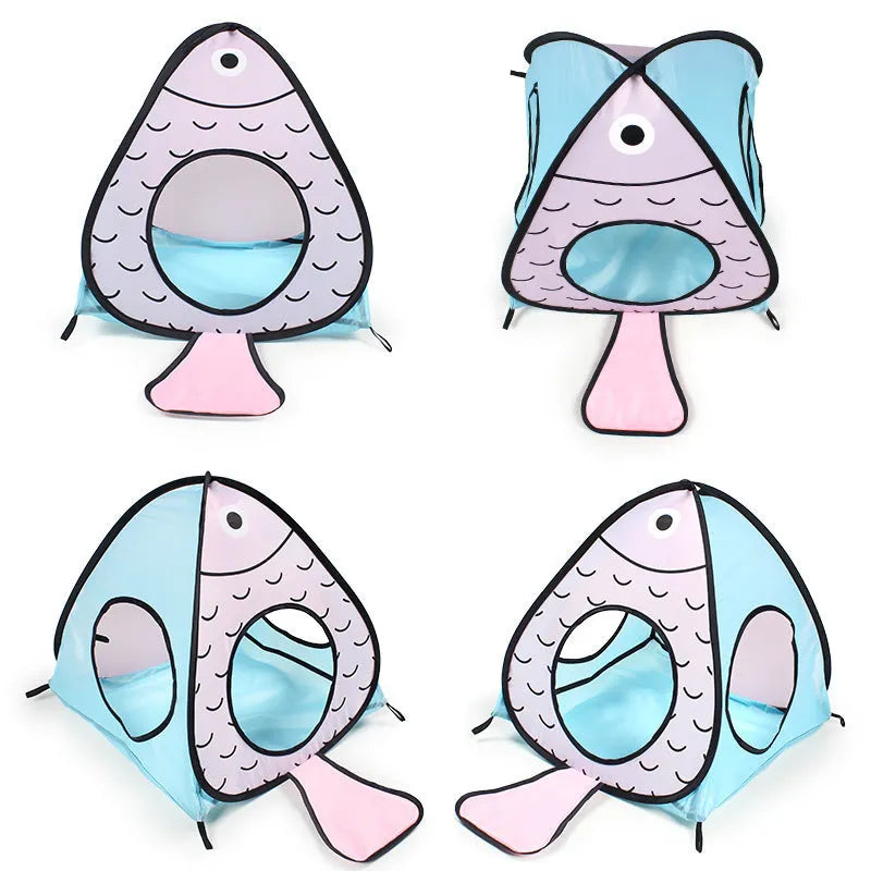 Foldable pet tent and tunnel set with cat and fish design for indoor pet play