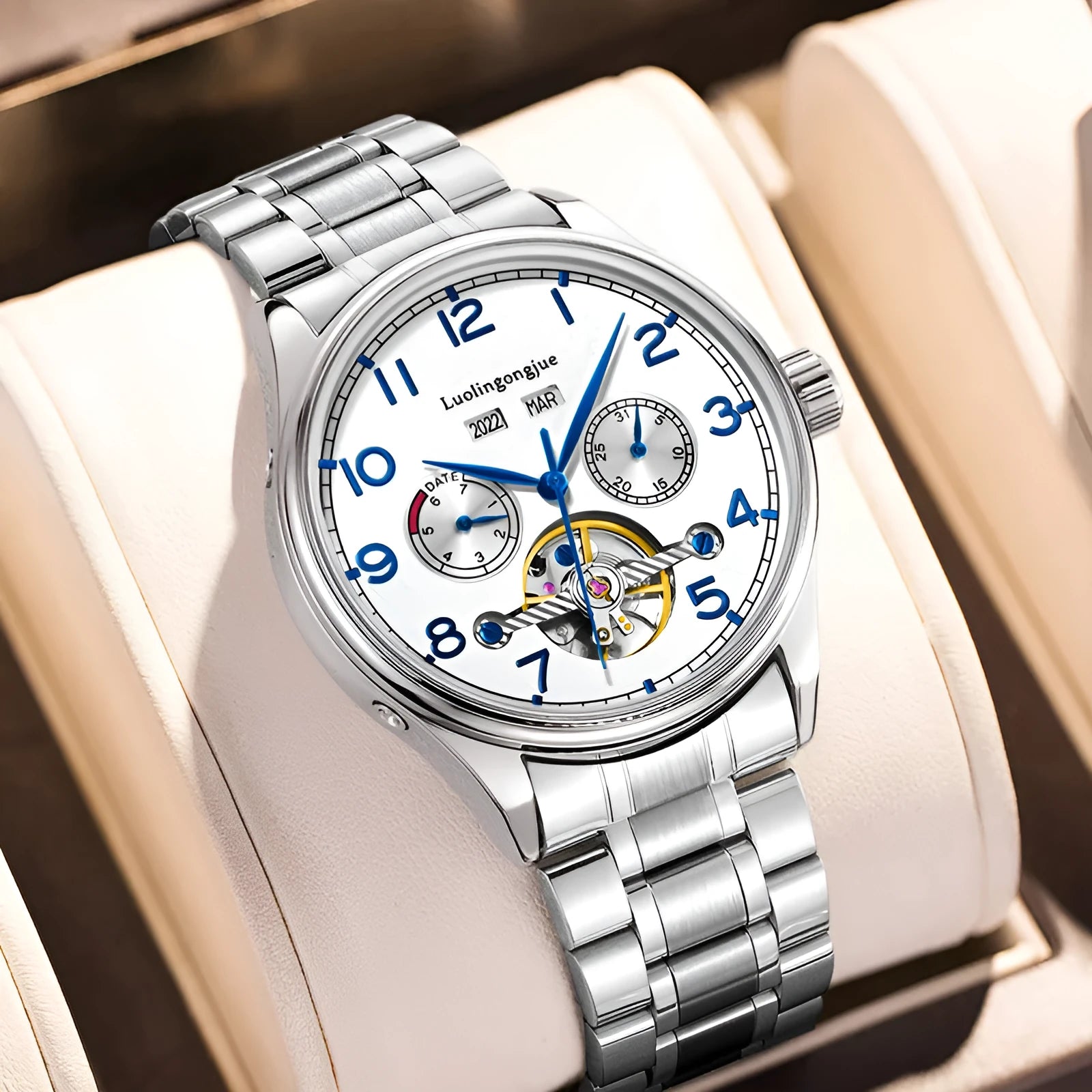 Men's business mechanical watch with stainless steel case, sapphire crystal glass, and genuine leather strap