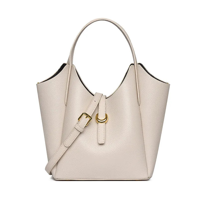 Genuine leather women's retro bucket bag with file compartment and sandwich pocket in beige colour