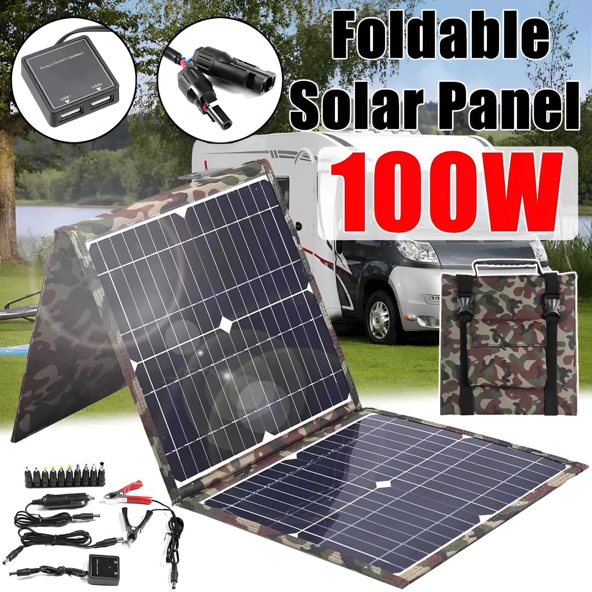 Black foldable solar panel unfolded showing three solar cells with accessories including battery clips and cables