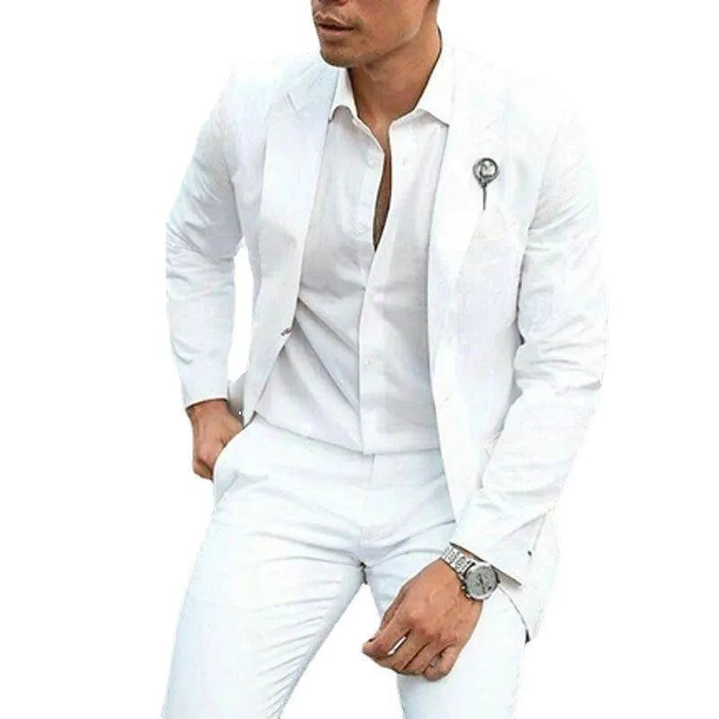 White men's slim fit two-piece wedding suit with cotton and acetate fibre construction