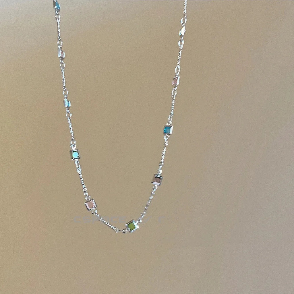 Square colour geometric clavicle chain necklace with artificial crystal pendant on fine alloy chain