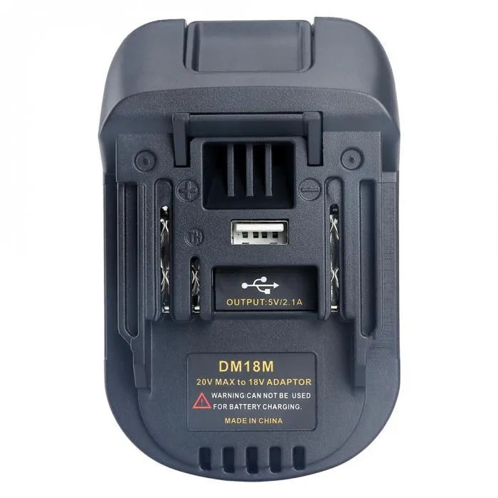 Black Milwaukee DM18M to Makita H99F battery adapter showing connection terminals