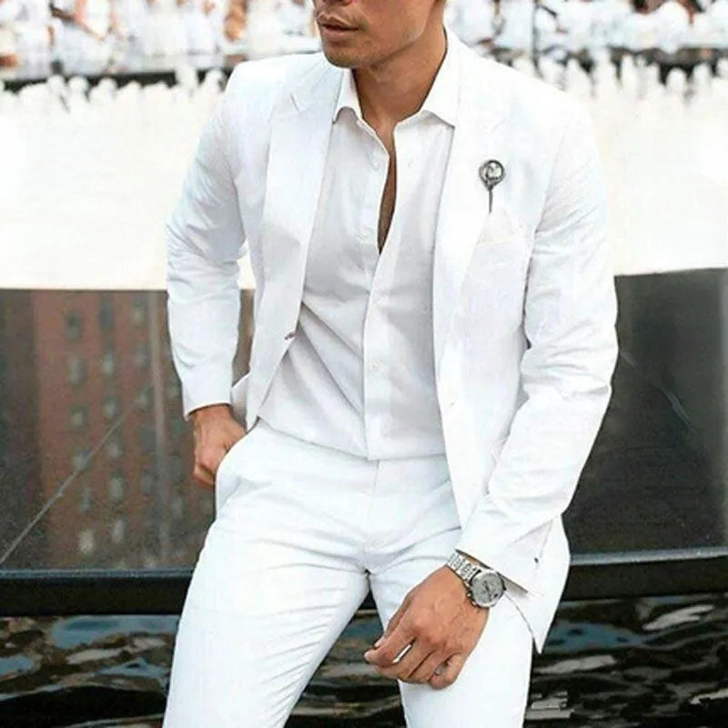 White men's slim fit two-piece wedding suit with cotton and acetate fibre construction